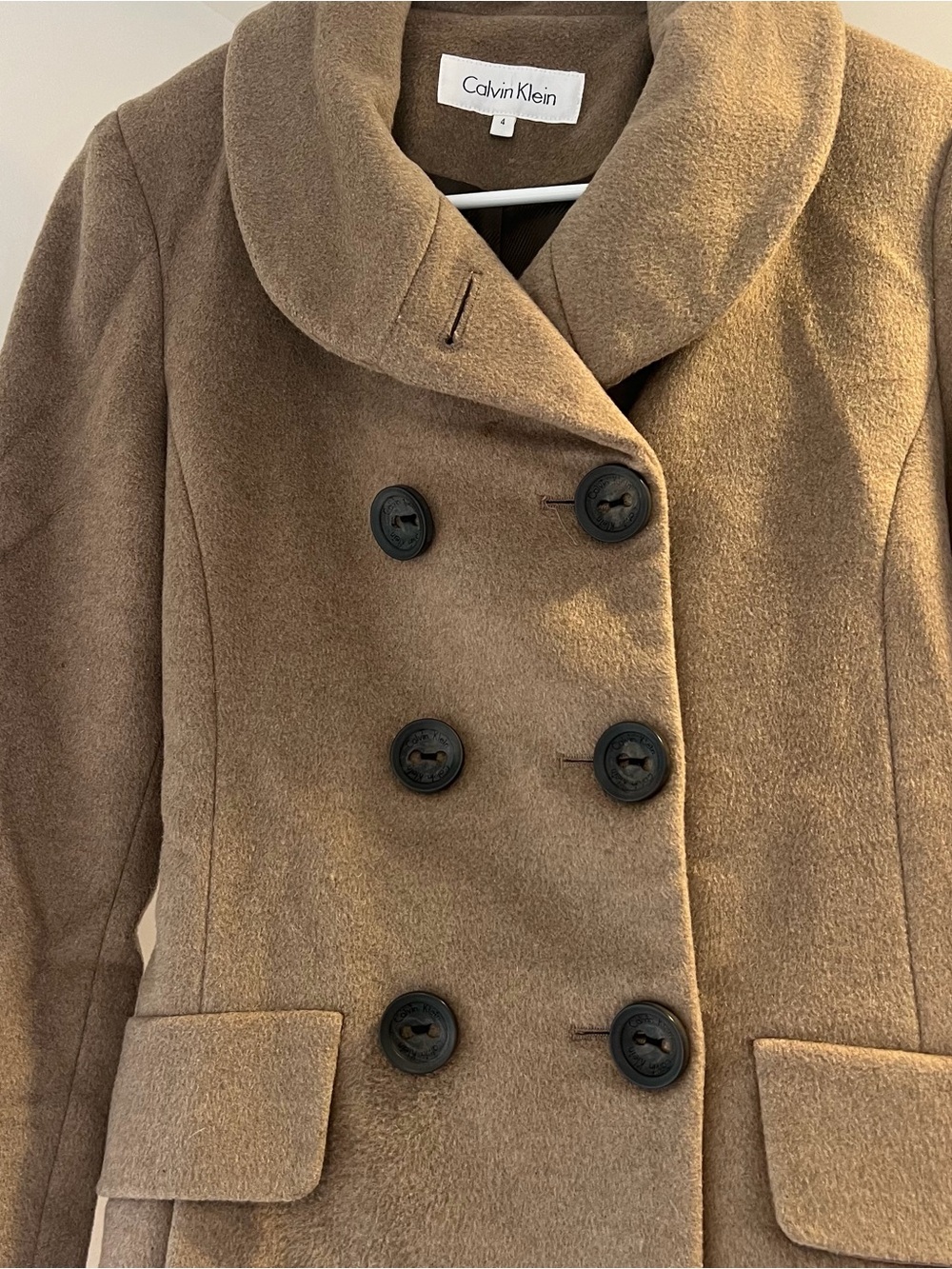 Calvin Klein Women's Double-Breasted Camel Brown Pea Coat